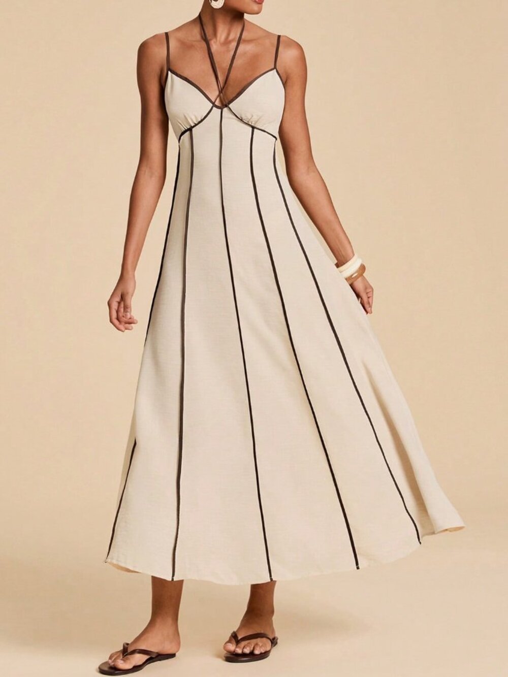 Apricot Elegant Women's Contrast Trim Backless Camisole Dress - Picture 1 of 8